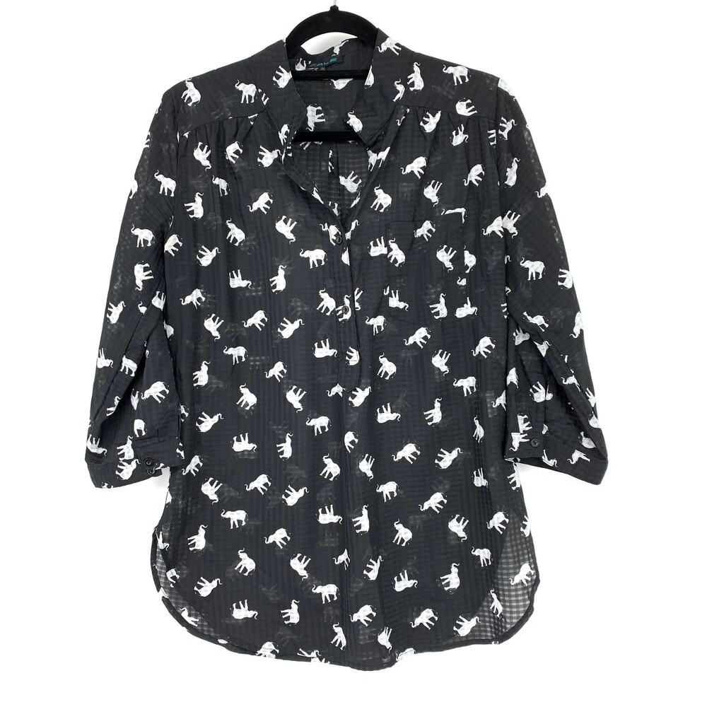 ModCloth Cals Split Neck Popover Blouse M 3/4 Sleeve Black White Elephant Print